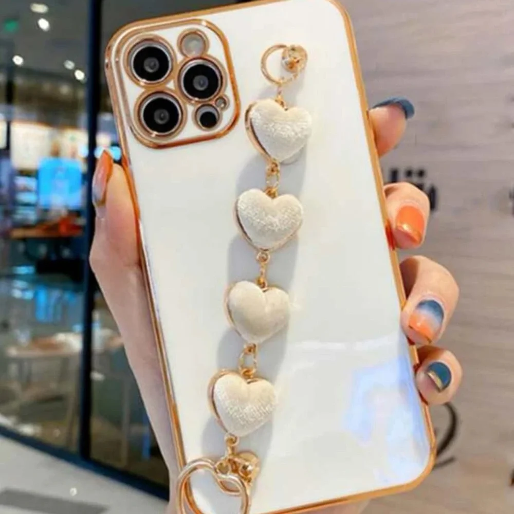 iPhone 15Pro 1pc Solid Color Plush Heart Shaped Bracelet & Phone Case
